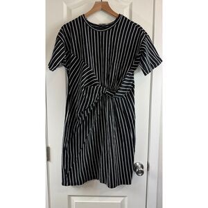 Very J Women's Short Sleeve Dress Twist Front Black White Stripe Cotton Size L